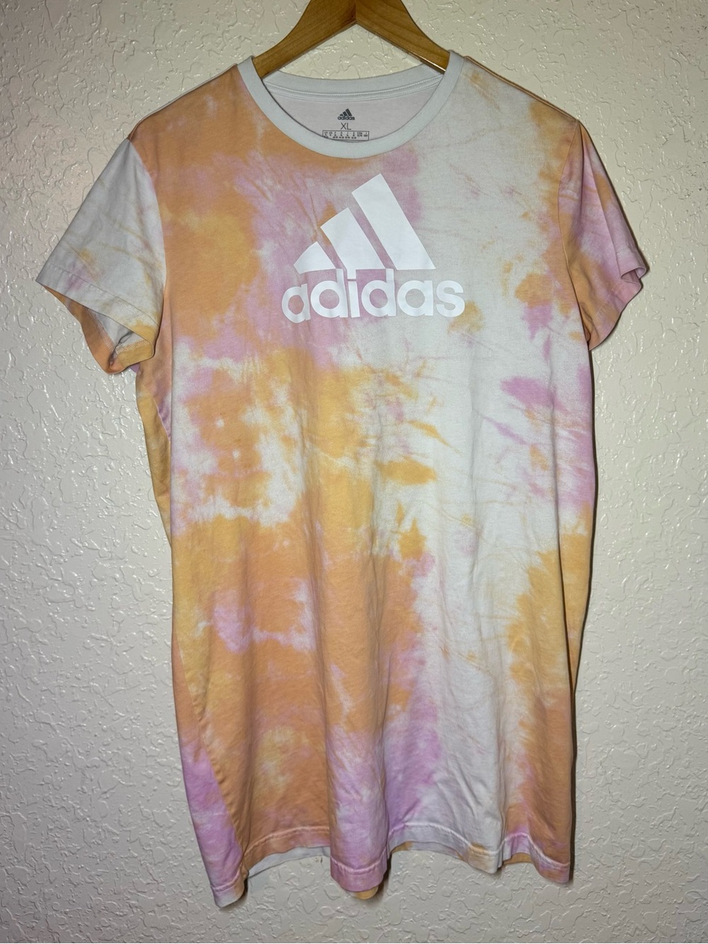 Adidas Tie Dye T-Shirt Dress XL Pink Orange White Logo Graphic Casual